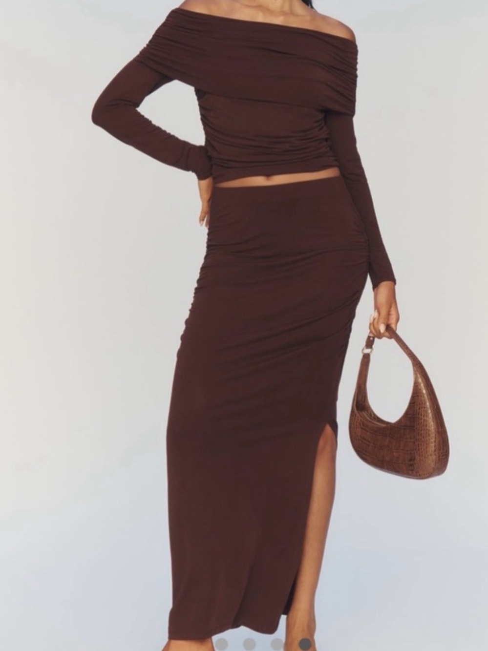 Anthropologie Pilcro Off-Shoulder Brown Midi Skirt - Elegant Ribbed Knit